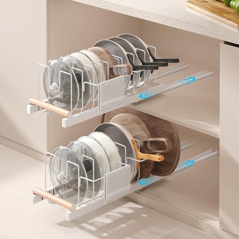 Magheo 2 Pack Pull Out Pots and Pans Organizer Under Cabinet, 22" Deep Expandable Pot Lid Organizer and Storage with 10 Adjustable Dividers Adhesive Pot and Pan Holder Rack with Handle Bracket(White) - Image 1